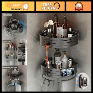 Corner Shower Caddy Suction Cup - No Drill Aluminum Organizer with Towel Bar & H