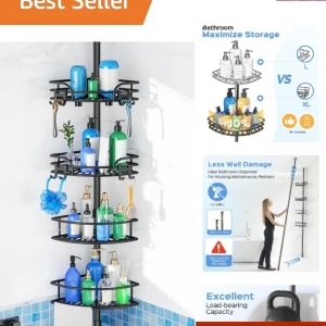 Corner Shower Caddy Tension Pole, Adjustable No-Drill Widen Shelves