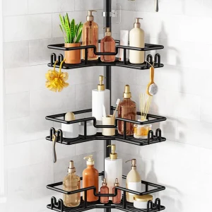 4-Tier Corner Shower Caddy Tension Pole Organizer Black Rustproof Metal No-Drill